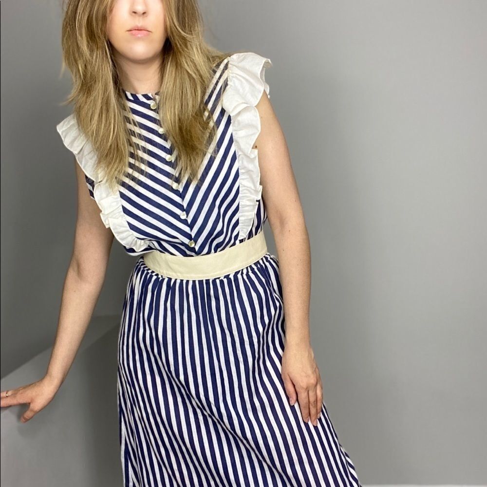 Vintage Summer Dress Blue & White Stripe. Romantic Casual Poetcore Dress. - Picture 8 of 9